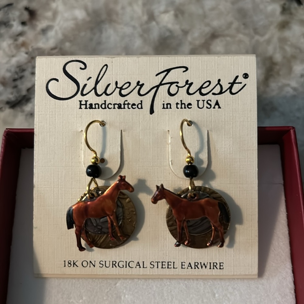 SILVER FOREST HANDCRAFTED HORSE EARRINGS 18K ON SURGICAL STEEL